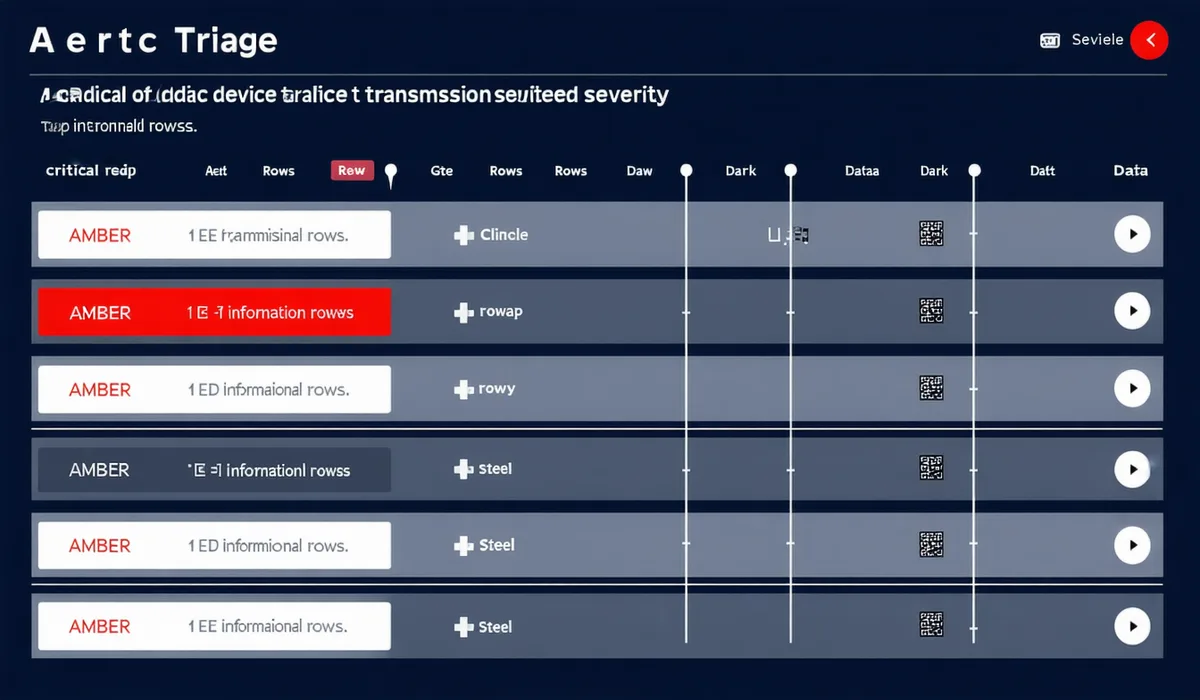 Alert triage engine interface showing cardiac device transmissions sorted by clinical priority with severity color coding
