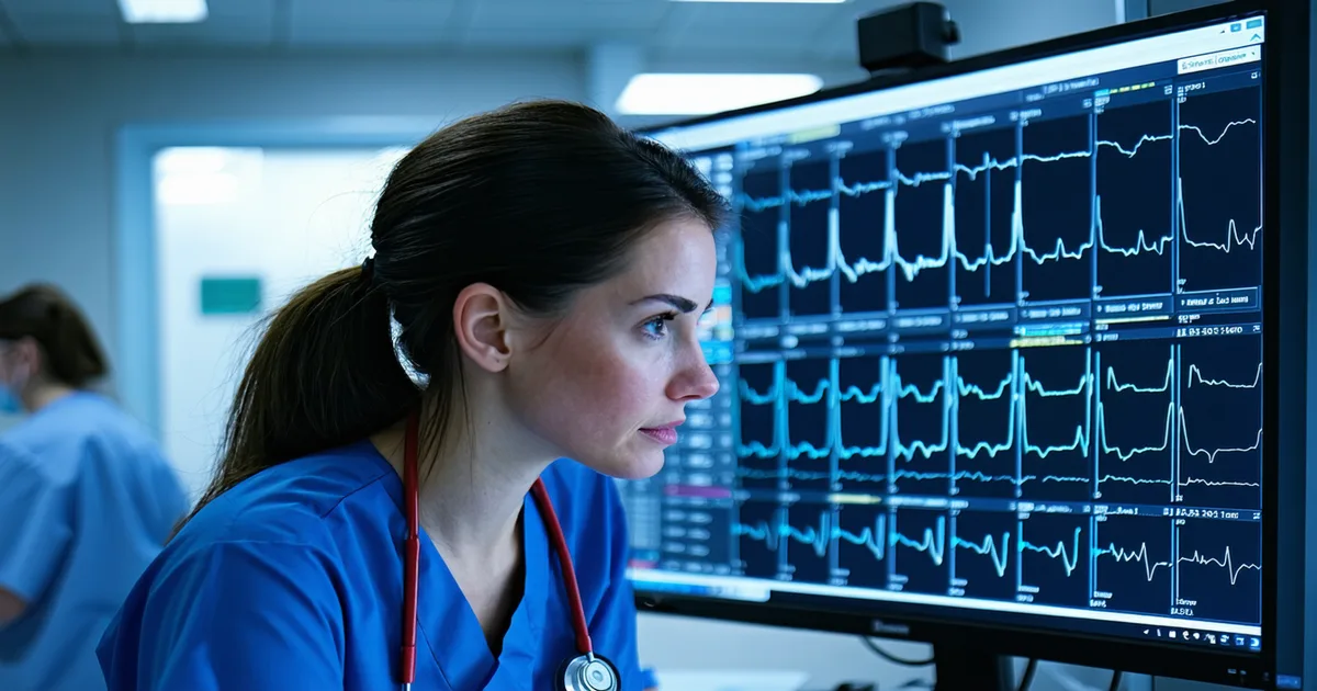 EP clinic nurse reviewing cardiac device alert queue, illustrating alert fatigue in device monitoring