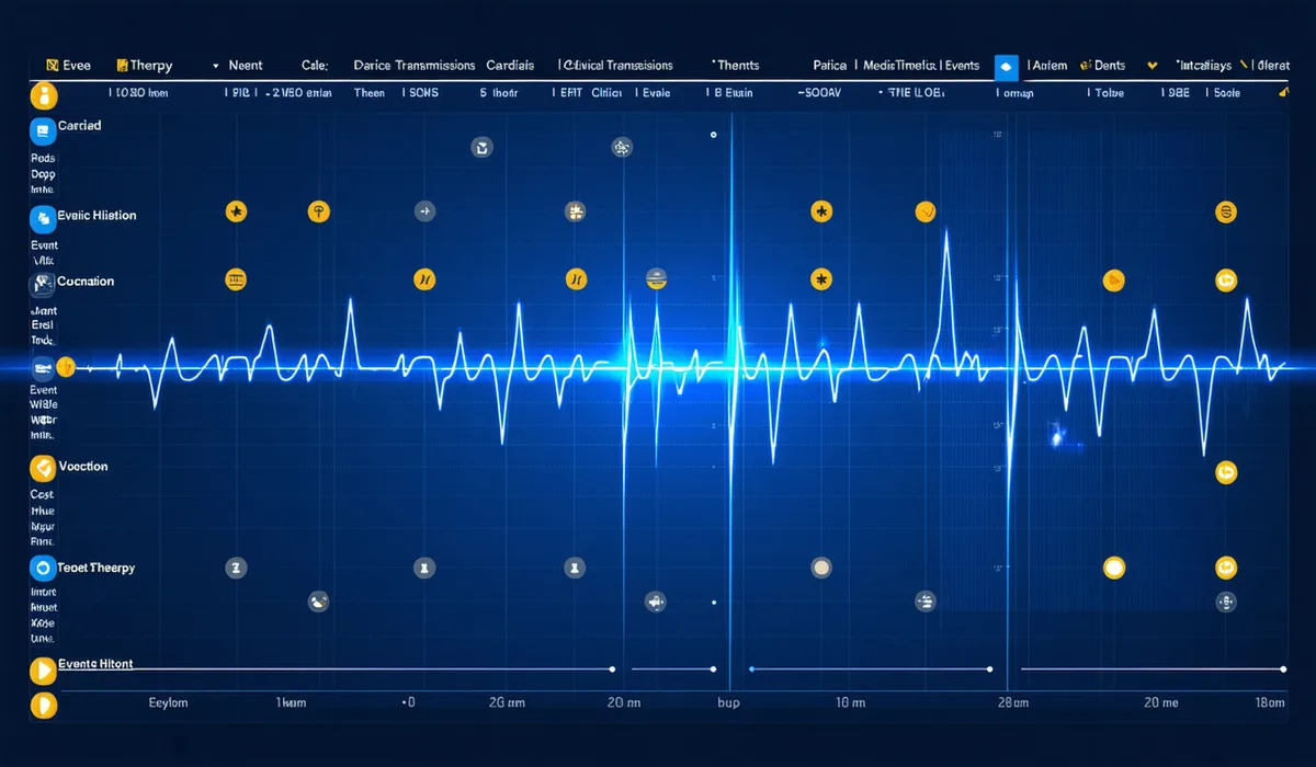 Clinical timeline view showing longitudinal cardiac device event history with device transmissions, therapy deliveries, and clinical notes in sequence