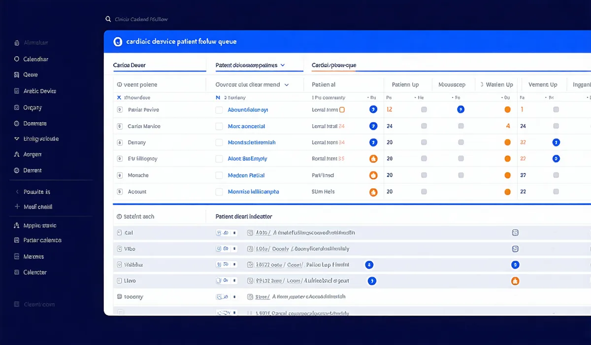 Remote follow-up scheduling queue interface showing cardiac device patients sorted by follow-up urgency and overdue status