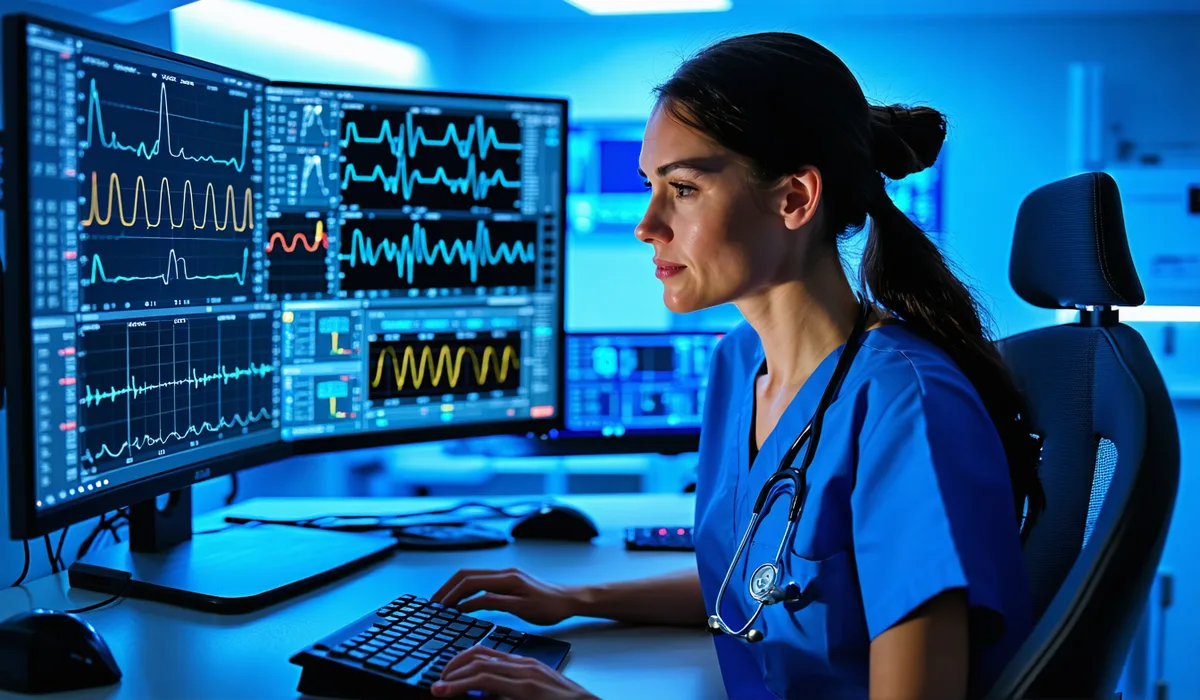 Device clinic nurse manager reviewing cardiac device monitoring queue at hospital workstation