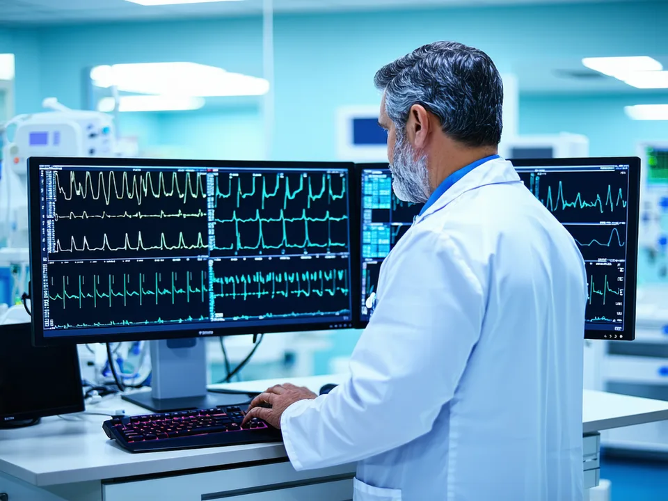 Electrophysiologist reviewing cardiac device alert queue on dual-monitor workstation in hospital cardiology department