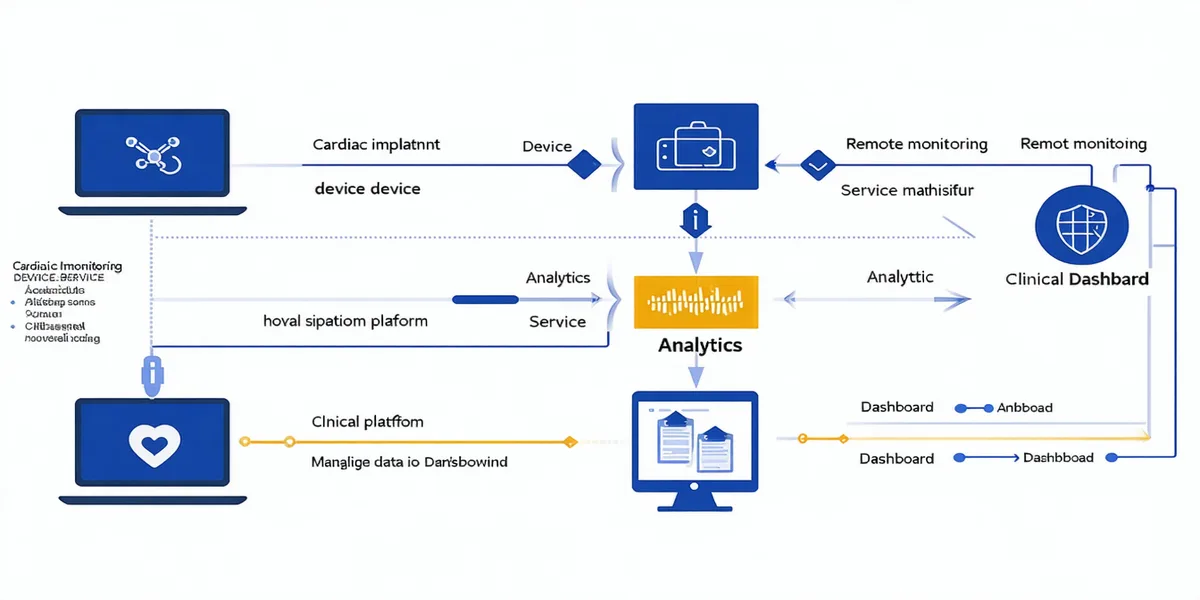 Diagram showing cardiac device telemetry data flow from implanted device through remote monitoring service to Implansense analytics platform